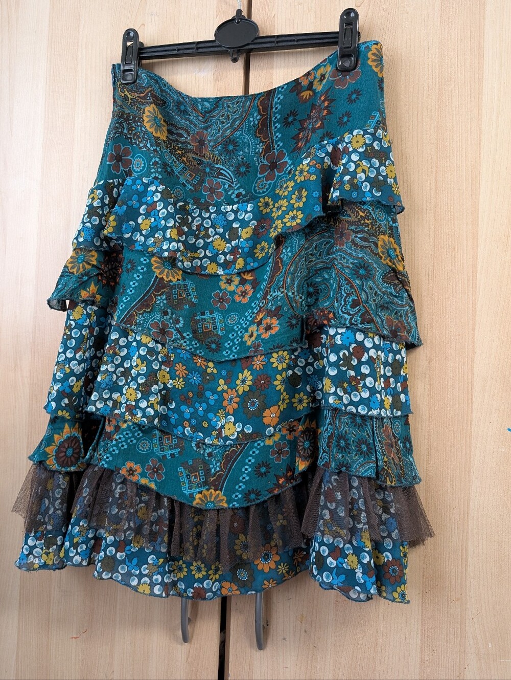Y2K Boho Teal And Brown Tiered Ruffle Midi Skirt